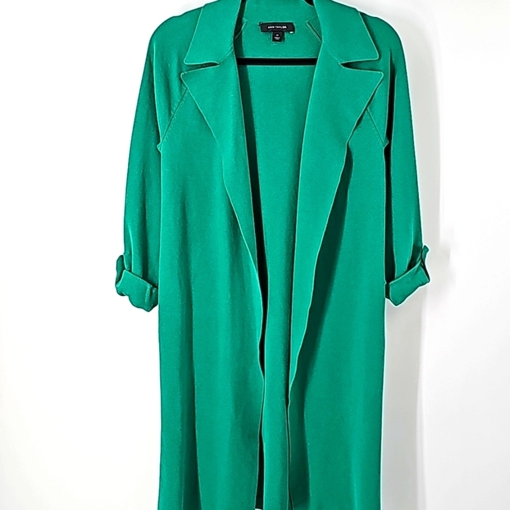 Ann Taylor Green Knee Length Duster Sweater w Rolled Sleeves+Side‎ Slits - Picture 11 of 17
